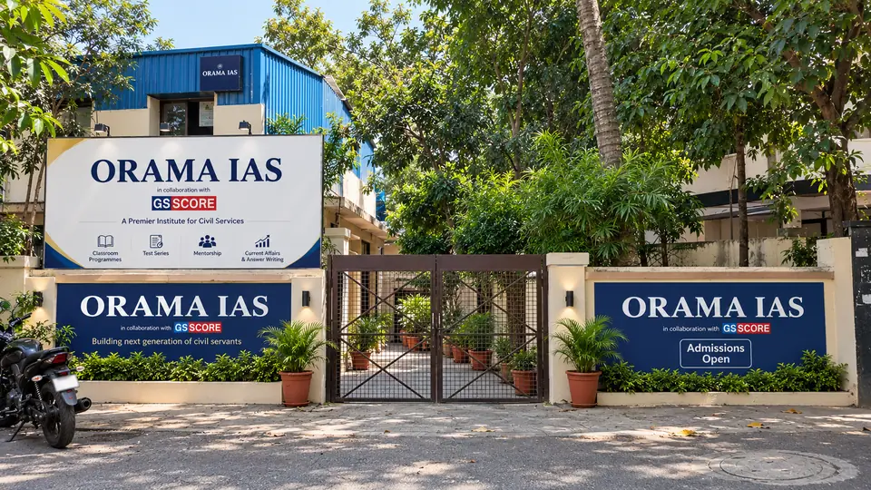 Orama IAS centre entrance with signboards reading Orama IAS, in collaboration with GS SCORE
